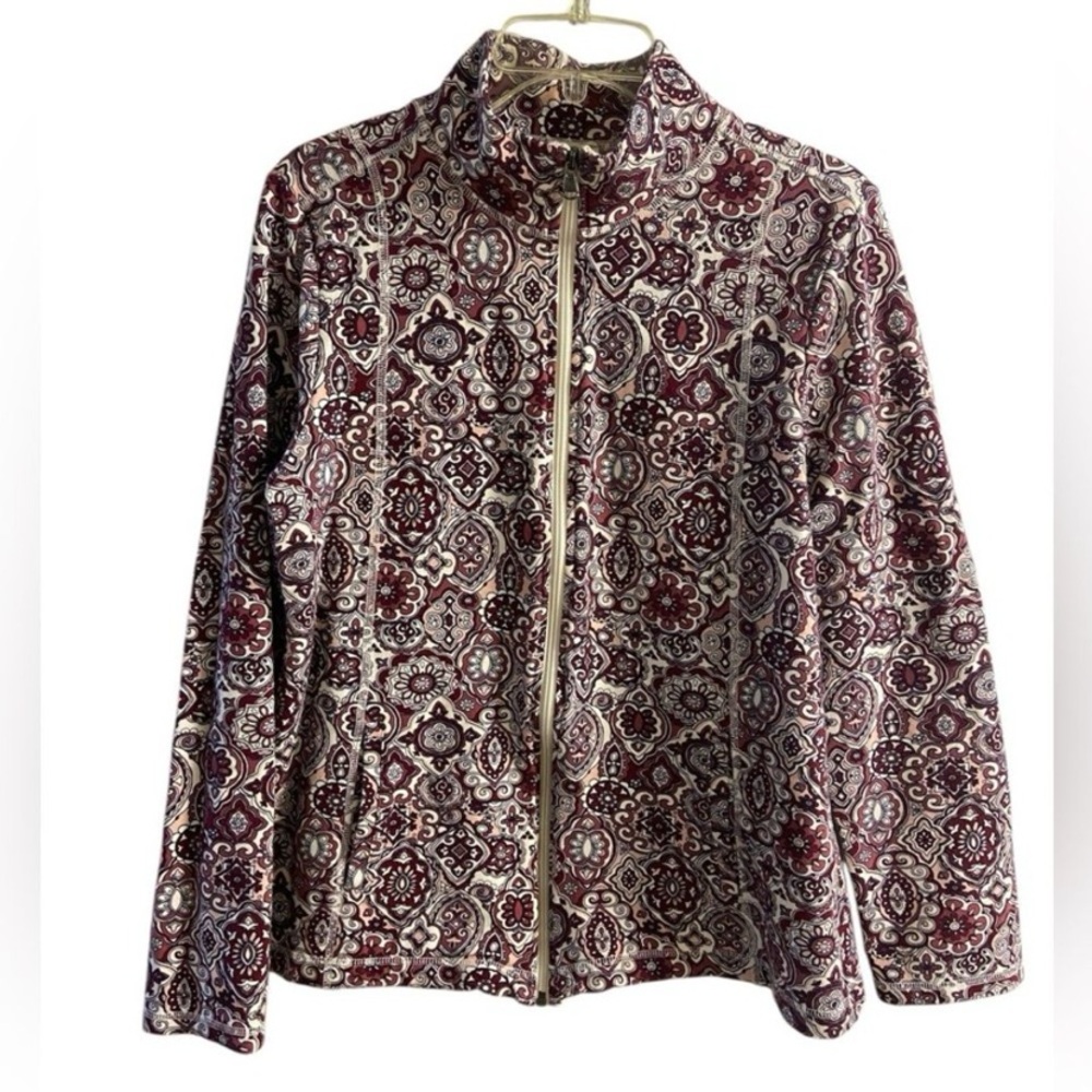 Talbots Burgundy and Cream Zip-Front Patterned Bomber Jacket Large